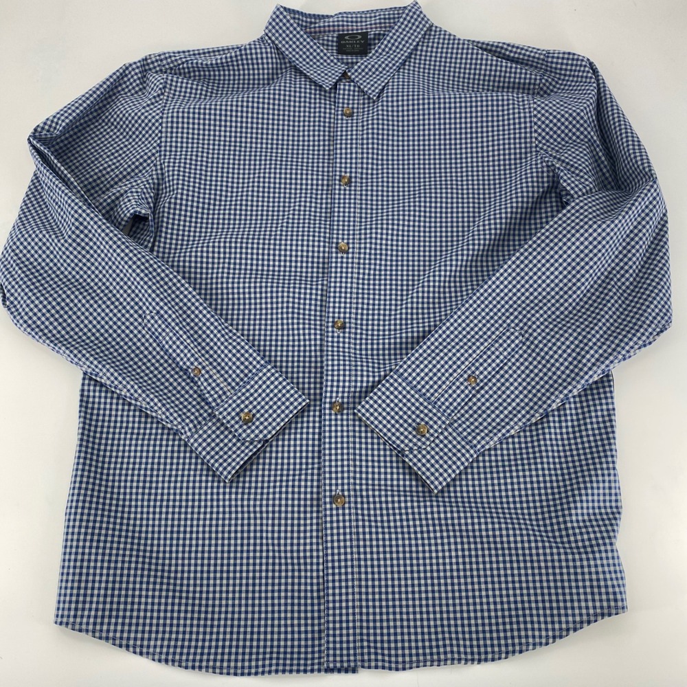 Oakley Mens XL Gingham Button Down Shirt Blue White Long Sleeve‎ Casual
